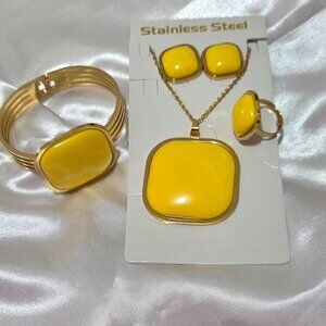 Women Stainless Steel Yellow Geometric Necklace Bracelet Earrings  Ring Set